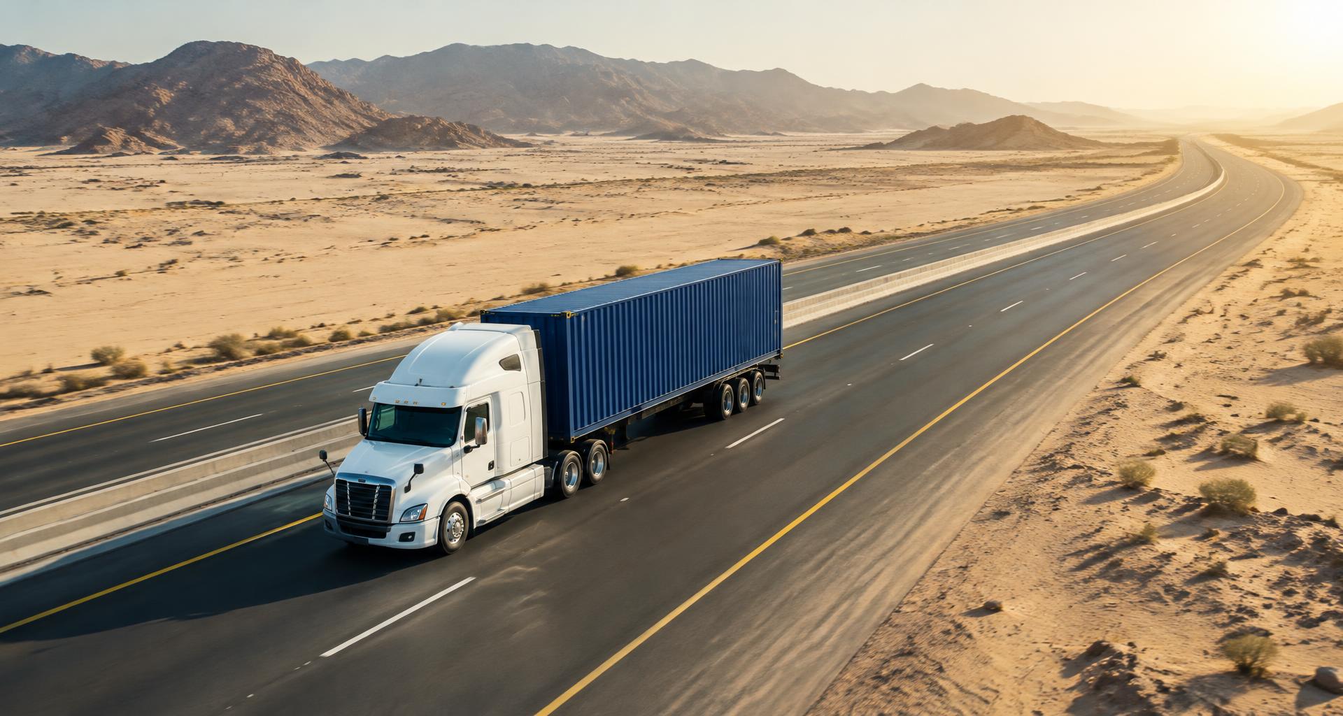 Long-haul freight truck on a Saudi desert highway